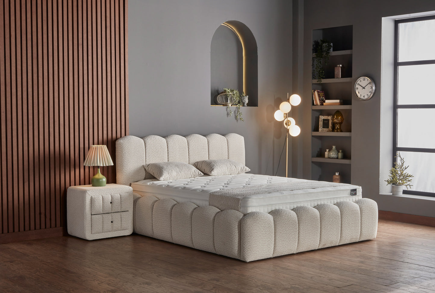 екрю легло по диагонал. нощно шкафче. нова спалня.